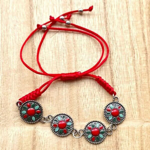 Bali silver coral jade and turquoise mandala red cord adjustable bracelet